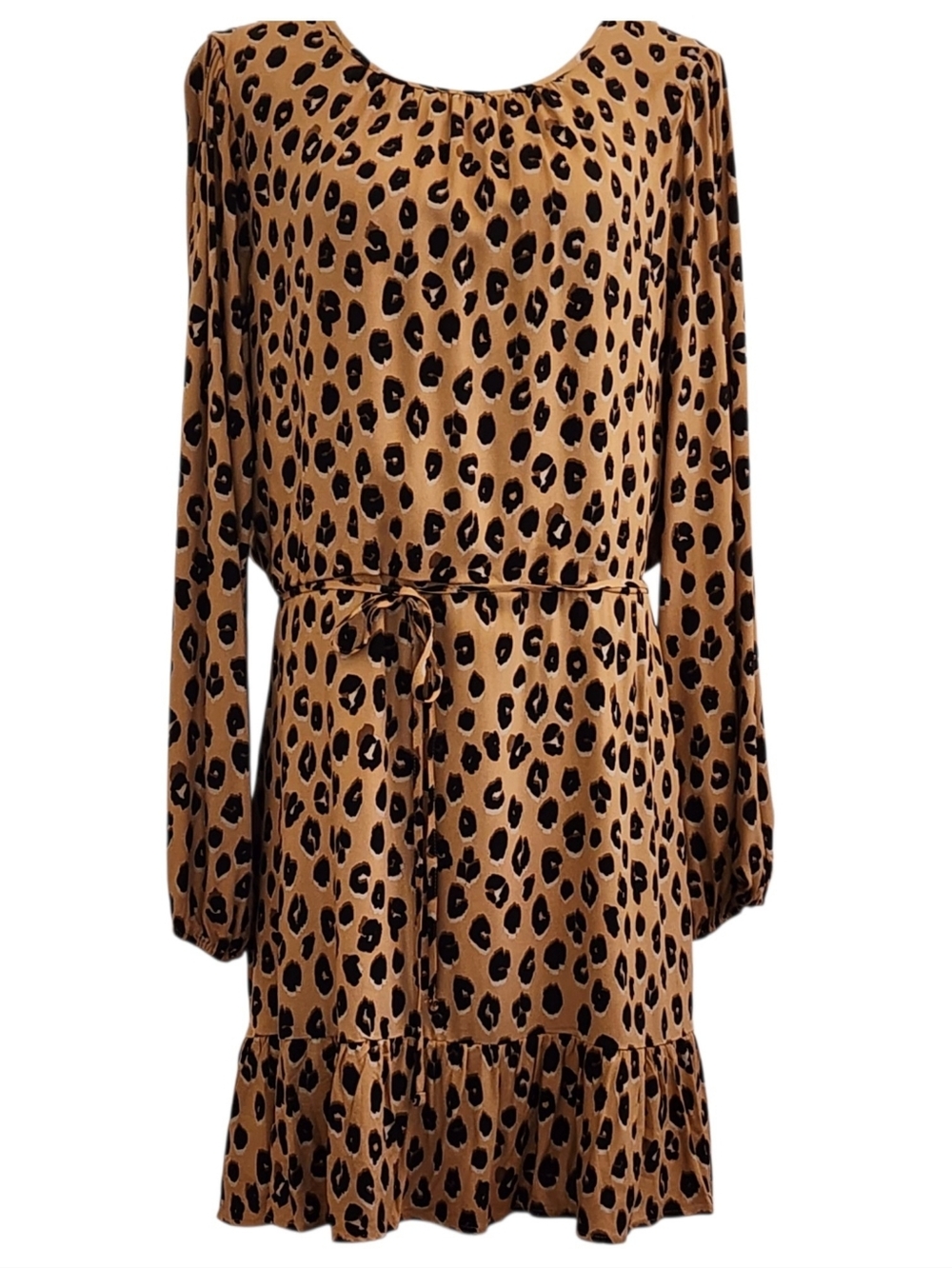 A New Day leopard print dress long sleeve tie waist tan/black elastic cuffs nwt - Picture 2 of 16